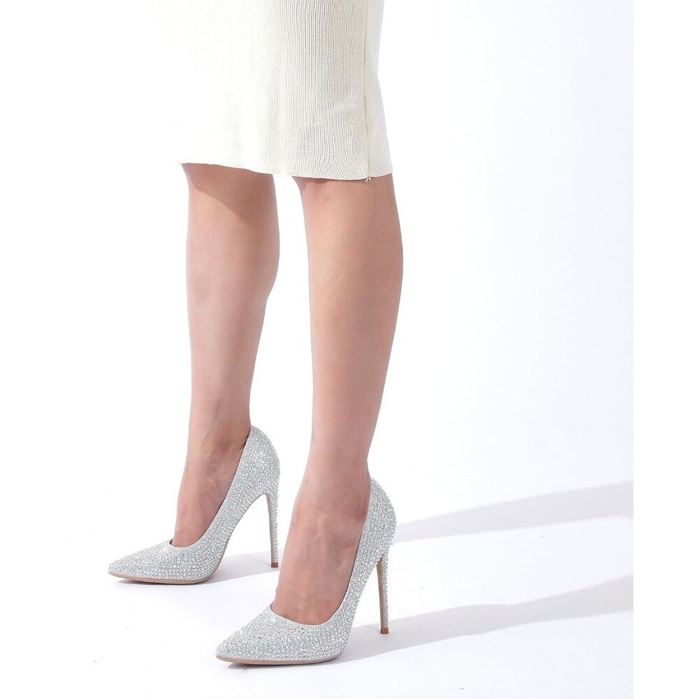 Women's Silver Pumps Pointed Toe High Heel Glitter Rhinestone Sparkly Shoes - Picture 7 of 8
